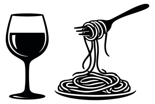 Graphic food and drink set featuring a wine glass and spaghetti twirled on a fork for dining and restaurant themes
