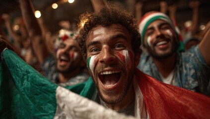 Obraz premium Enthusiastic man celebrating with a national flag, surrounded by joyful supporters, showcasing vibrant colors and festive atmosphere during a sports event or cultural celebration