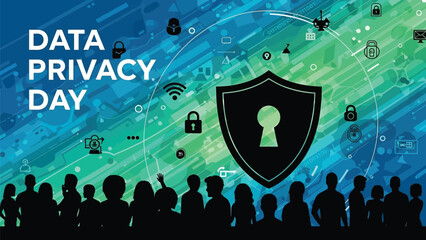 Celebrating data privacy day with a digital security theme featuring a prominent shield icon and silhouettes of people standing together below informational graphics