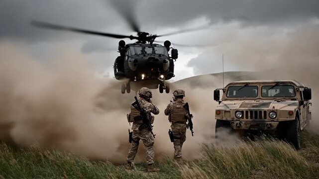 Two soldiers in camouflage gear stand near a military humvee as a dark helicopter lands amidst a cloud of dust and dirt in a grassy, hilly landscape