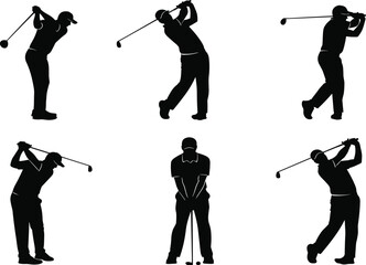 Golf swing silhouette, golfer motion, club technique, athletic stance, black figure, dynamic movement, isolated illustration, sports pose, swing sequenceGolf swing silhouette, golfer motion