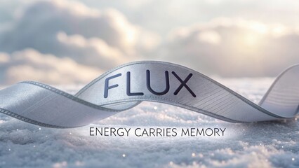 Elegant ribbon showcasing the word Flux against a dreamy background of clouds and soft lighting reflects energy and memory