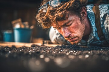 A hardworking man, with freckles, is focused on examining rich soil, conveying dedication and passion for nature and gardening.