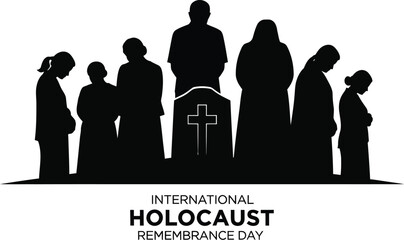 Silhouette of mourning figures gathered around a tombstone marked with a cross representing solemn commemoration for international holocaust remembrance day events