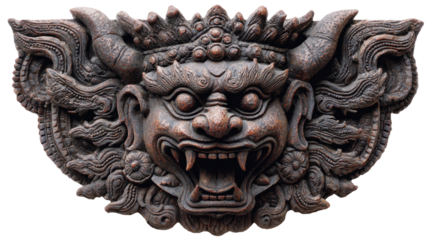 Kirtimukha, demonic face creature with fangs and open mouth, used in temple gates, isolated on white