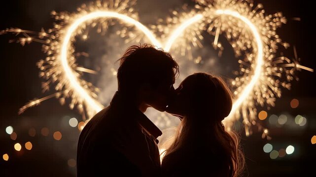 Silhouette of a couple kissing in front of a glowing sparkler heart at night, showing deep love, Valentine romance, passion, and magical celebration