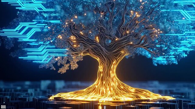 Digital tree with glowing roots and branches