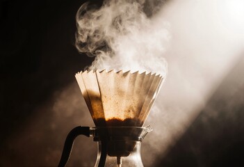 Artisanal drip coffee brewing with paper filter and rising steam in warm light
