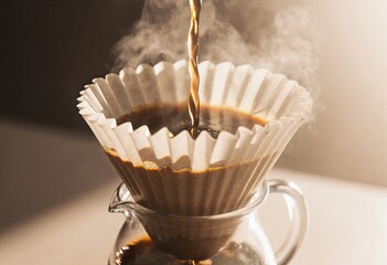 Artisanal drip coffee brewing with paper filter and rising steam in warm light