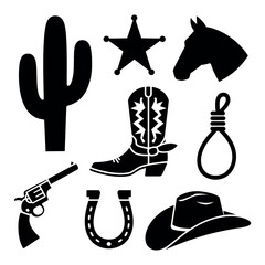 Collection of black silhouette icons related to the American wild west.