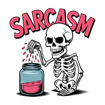 Skeleton figure adds pink sarcasm seasoning into a glass jar illustration.