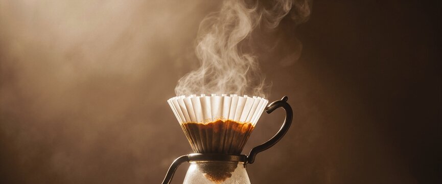 Artisanal drip coffee brewing with paper filter and rising steam in warm light