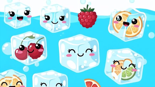 Cheerful Anthropomorphic Ice Cubes with Fruity Inclusions Floating in Bright Blue Playful Pattern