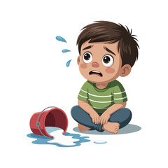 Sad little boy looks upward near an overturned bucket spilling white.