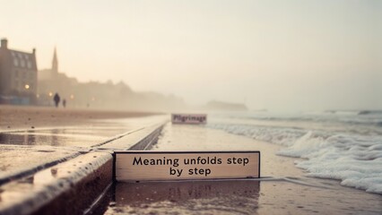 Inspirational Sign on the Beach During Foggy Morning: Meaning Unfolds Step by Step in Calm Environment