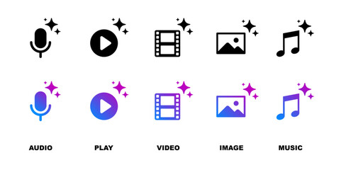 Ai generate button. Image, video, audio, play generate symbol.Set of create media file icon.