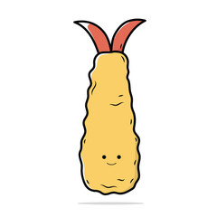 Cute Kawaii Tempura Vector Pastel Colored Flat Style Japanese Food Illustration, Hand-Drawn Cartoon Fried Shrimp Icon for Restaurant Menu, Kids Design, Cooking, Dinner, and Cute Food Theme