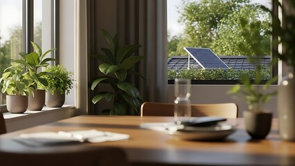 Fototapeta premium Cozy dining room interior with potted plants and a view of solar panels on a rooftop.
