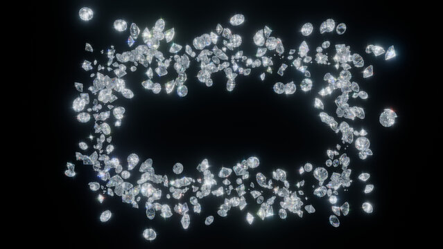 Luxury scattered diamonds background: High density brilliant cut gemstones with vivid prismatic dispersion - ACES 2.0 3D render on black background.