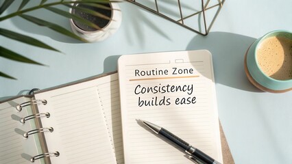 Elegant workspace with notebook, pen, coffee cup, and tropical plant creating a calming environment for productivity