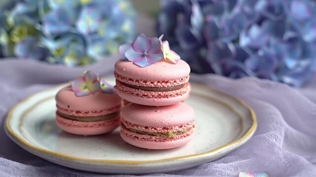 Close-up of delicate pink macarons stacked on a decorative plate with a finger about to tap the top