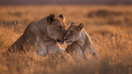 Fototapeta premium Lions lying in savannah grass showing companionship protection and natural wildlife behavior in open landscape