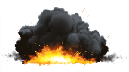 Black smoke blast with fire sparks minimal on white