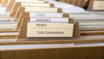 Detailed View of Organized File Folders with Labels for Fixed, Variable, and Mixed Cost Composition in Office Environment