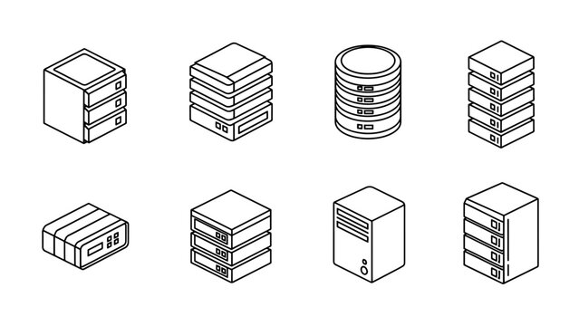 Isometric line art image showcasing various depictions of data server units. Different types and configurations are illustrated in a simple, minimalist style