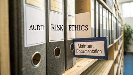 Organized Office Shelves Featuring Audit, Risk, and Ethics Document Binders with Clear Label for Maintaining Documentation