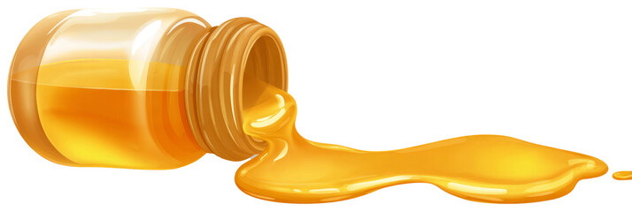 honey jar knocked over, sticky golden spill with shine, isolated on white