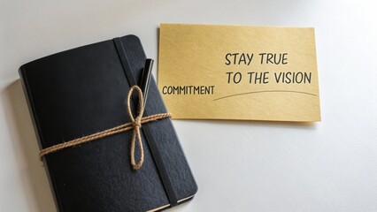 Black notebook with pen and motivational note Stay True to the Vision promoting commitment in a creative workspace