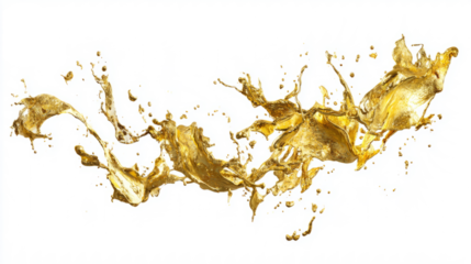 Dynamic gold paint splash, metallic fluid flying mid-air, white background