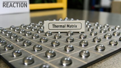 Detailed View of Thermal Matrix Demonstration on Reflective Surface with Droplets Arranged in Uniform Pattern