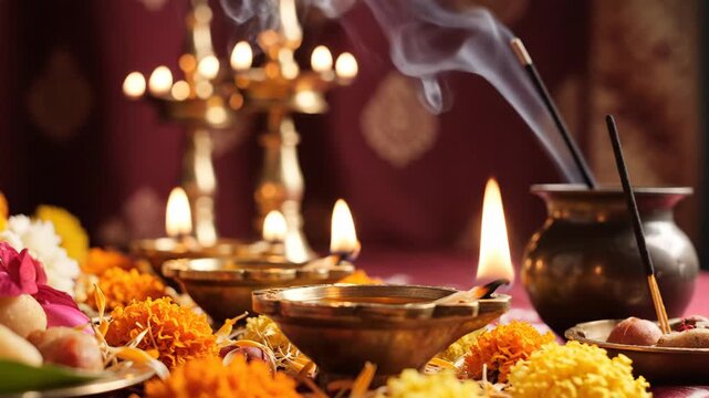 Closeup of lit traditional brass diya lamps, incense sticks burning, and marigold flowers for hindu festival celebration like diwali or puja
