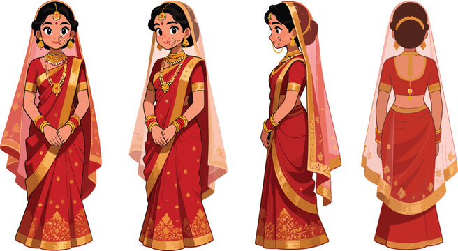 Indian Bride Character Turnaround in Red Lehenga and Dupatta &ndash; Front, Side, Back Views