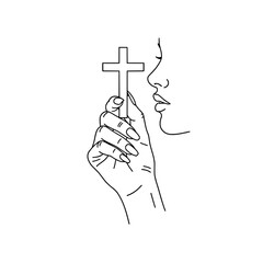 Icon of a beautiful woman's hand holding a Catholic cross near her face representing faith and spirituality