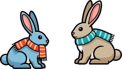Fototapeta premium Two cute cartoon bunnies, one blue and one brown, wearing colorful striped scarves, facing each other