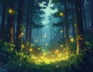 Digital painting of a mystical forest illuminated by fireflies