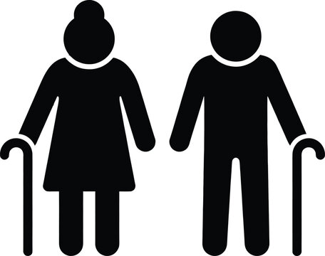 Elderly People Group Icon Set, Black Silhouette Pictogram