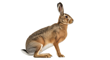 Obraz premium Adult European hare with detailed brown and reddish-brown fur and dark eyes, standing alertly on a transparent background with copy space, studio shot, ultra realistic photograph, concept for