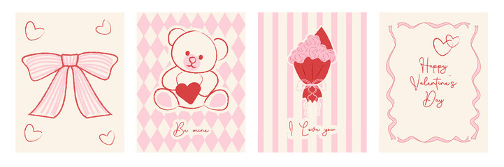 A collection of hand drawn Valentine's Day greeting cards featuring a bow, frames, a bouquet of flowers, and a cute teddy bear with a heart. Vector illustration.2