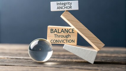 Creative Wooden Blocks Display Message of Integrity and Balance with Conviction on Rustic Wooden Surface