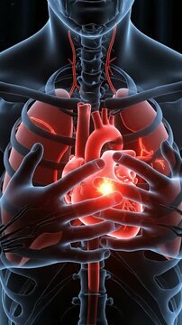 HEART ATTACK SYMPTOMS of a translucent human figure holding their chest, revealing the internal grey heart and lungs within the skeletal structure.