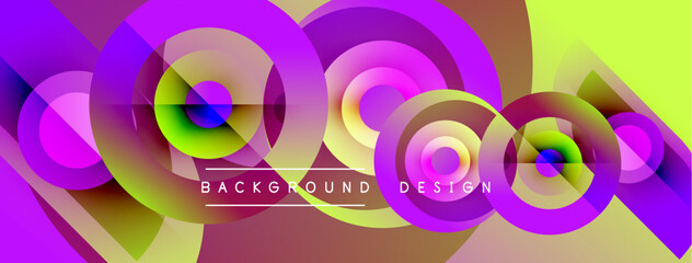 Abstract vibrant circles overlap, creating dynamic colorful background. Modern design features gradients, shapes, text elements.