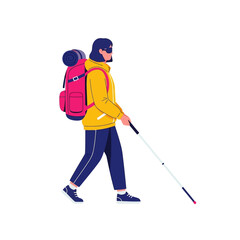 Obraz premium Vibrant Flat Vector Illustration of a Modern Adventurous Person Hiking on an Outdoor Journey with Backpack and Trekking Pole for Active Lifestyle Exploration