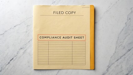 Yellow file folder labeled as filed copy with compliance audit sheet on a marble surface for office use and documentation