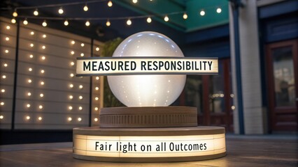 Illuminated Sphere Signage Emphasizing Measured Responsibility and Fairness in Outcomes for Business and Individual Growth