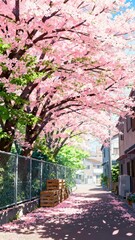 A serene alleyway lined with blooming cherry blossom trees, petals scattered on the ground, and residential buildings along the sides.