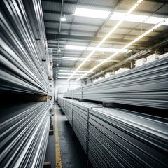 Obraz premium Corrugated Metal Sheets Stacked in Warehouse – Shiny Silver Roofing and Construction Material Ready for Sale